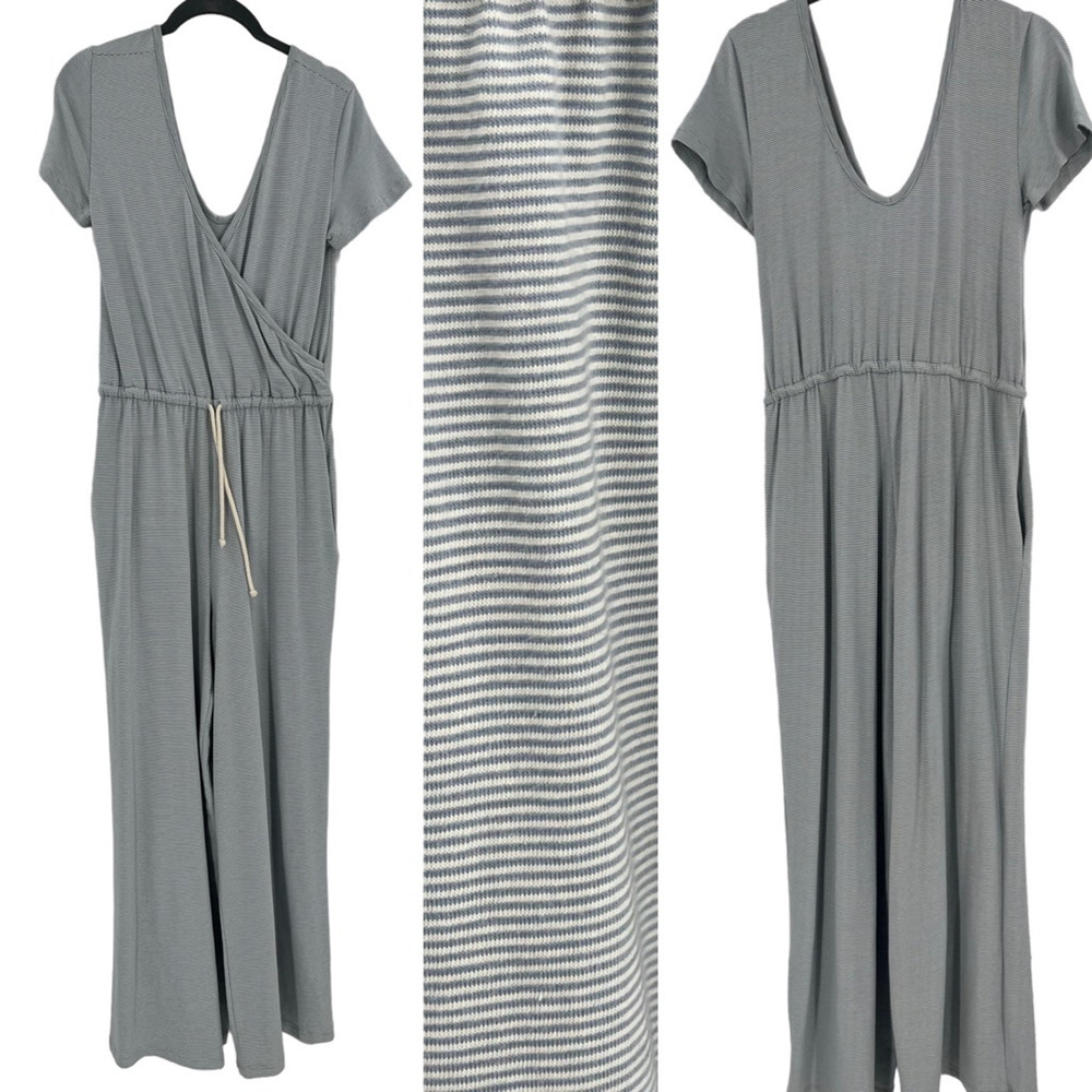 Marine Layer Womens Dana Wrap Jumpsuit Gray Stripe Drawstring Short Sleeve Small